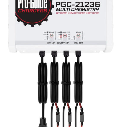 Pro-Guide PGC-21236 3-Bank 1x12V/10A Lead Acid/LiFePO4, 1x 12V/16V/10A AGM/LiFePO4 and 1x36V 10A LiFePO4 On Board Charger, IP68