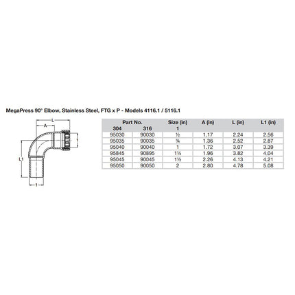 Viega MegaPress 3/4" 90 Stainless Steel 304 Elbow Street - Press Connection - Smart Connect Technology [95035]